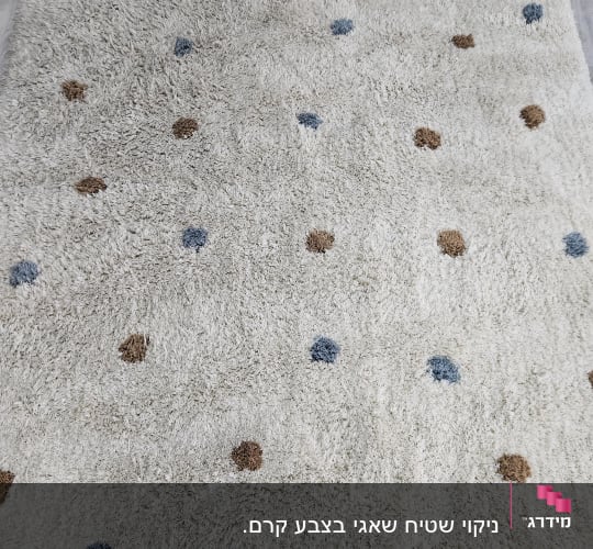שטיח עם נקודות חומות וכחולות על רצפה אפורה